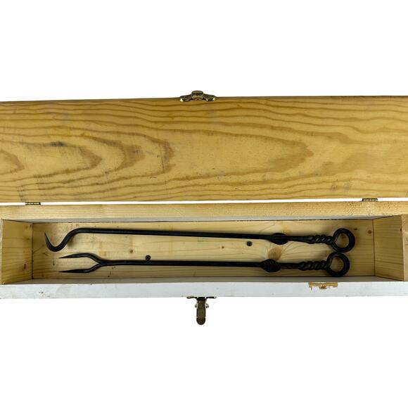 Forged Metal BarBQ Tools Twisted Leaf Design Original Box Texas Signed Set of 2 - Picture 2 of 16